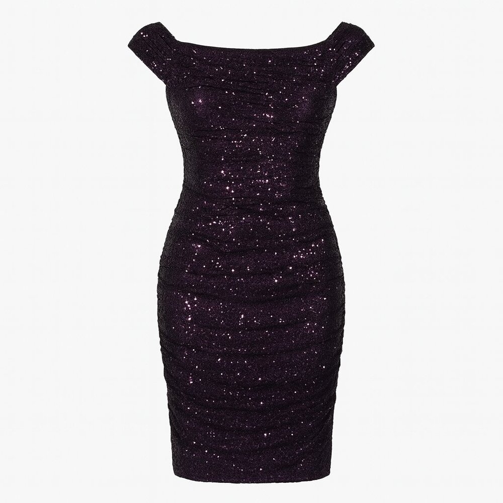 Lauren Ralph Lauren Evening Sequin Cap‑Sleeve‎ Ruched Sheath Dress 2P Purple